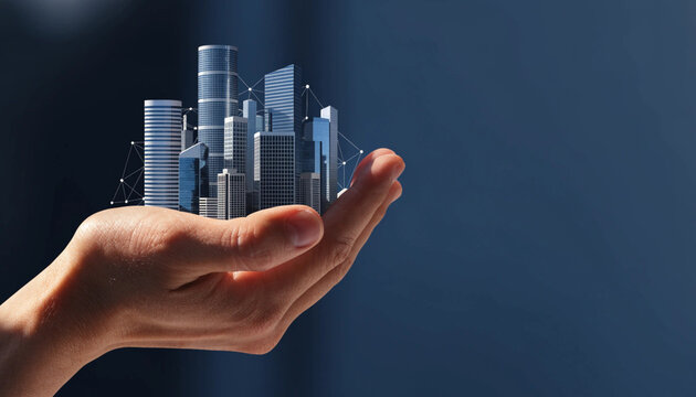 Futuristic cityscape modern skyscraper urban architecture business concept innovation technology human hand blue background real estate creative vision photorealistic conceptual
