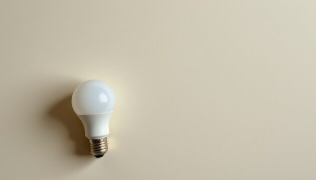 White LED light bulb mounted on beige textured wall casting a shadow to the left side.