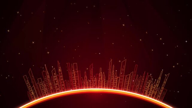 Glowing red city skyline silhouette on a curved planet surface with bright stars in deep space background for futuristic technology and science fiction design concepts 4k Motion Video