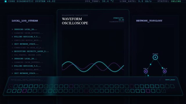 Digital user interface displays waveform oscilloscope and network diagnostic data on a dark screen.