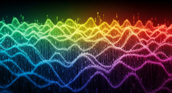 Vibrant multicolored digital wave frequency chart displays dynamic cybernetic information flows across a glowing spectrum, representing advanced technology and scientific data visualization