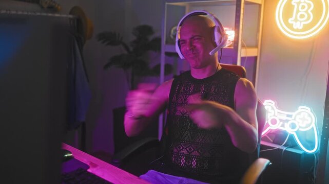 Man wearing headset gesturing with open hands and expressive face at computer with neon game sign in studio; excitement.