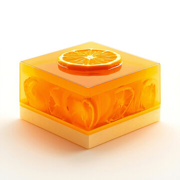 Delicious 3D orange jelly cube with fresh citrus slices inside on white background