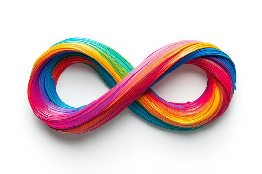  Colorful 3D rainbow infinity symbol made of liquid paint strokes on white background
