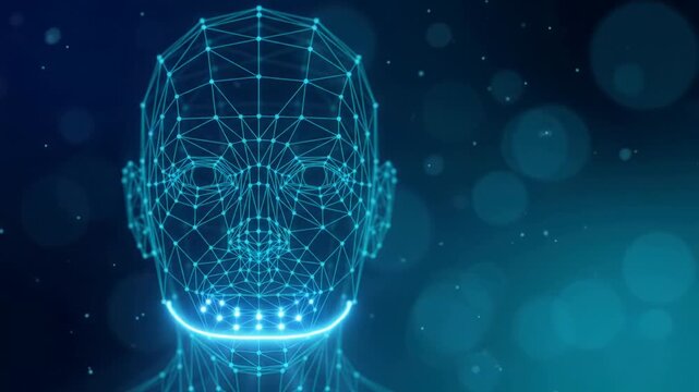 Digital 3D wireframe animation of a human head with glowing connection points and biometric facial recognition scan