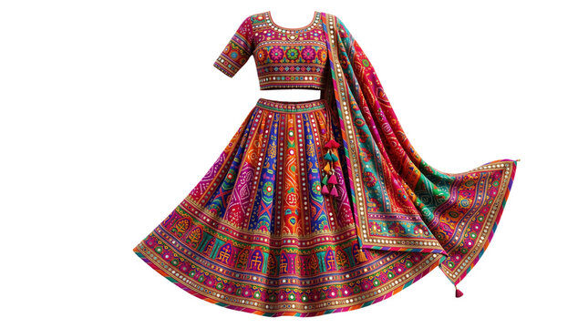 Traditional indian lehenga choli with mirror work isolated on transparent background