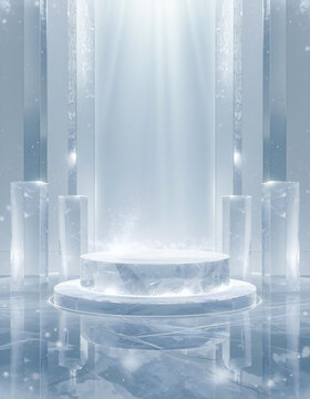 Elegant luxury podium stage with crystal pillars and light beams for product display