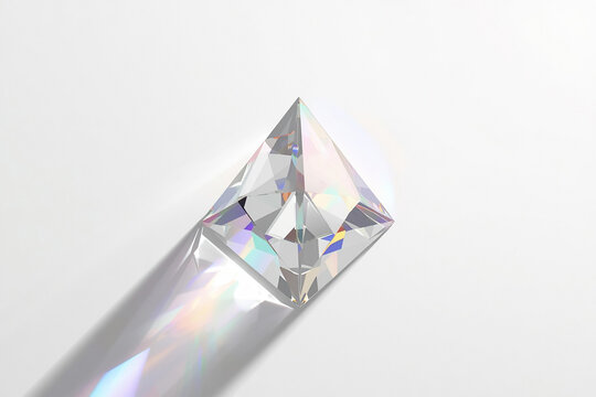 Sparkling crystal diamond with rainbow light refraction prism effect on white background