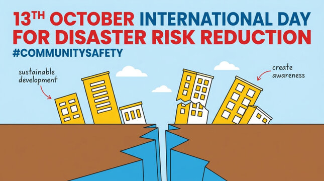 13th October International Day for Disaster Risk Reduction banner with ground crack separating buildings