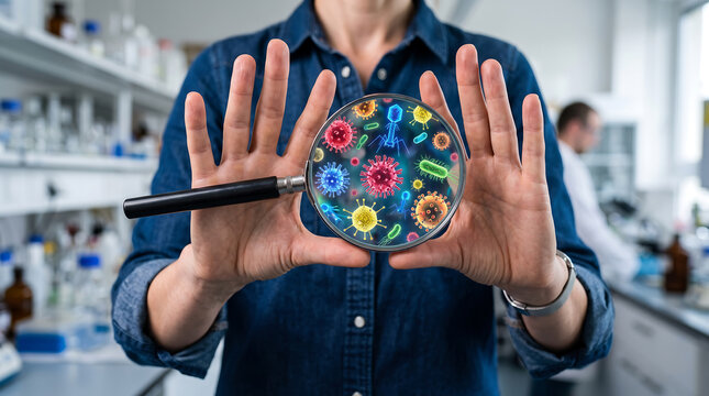 Scientist holding magnifying glass displaying colorful glowing viruses and bacteria structures in a modern research laboratory