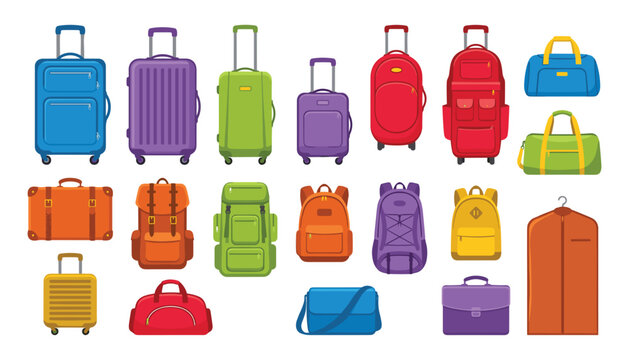 Collection of travel luggage suitcases backpacks and holiday bags vector illustration isolated on white background