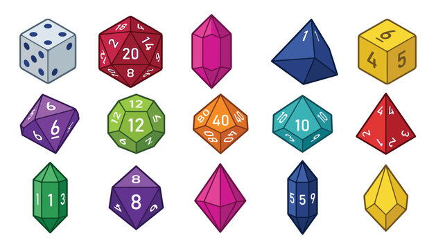 Colorful polyhedral dice set for roleplaying board games tabletop gaming vector illustration isolated on white background