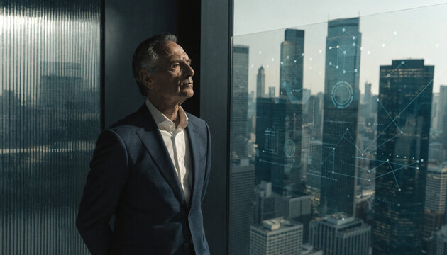 Senior businessman in suit standing by office window overlooking city skyline, digital data graphics overlay, thoughtful expression, modern corporate environment
