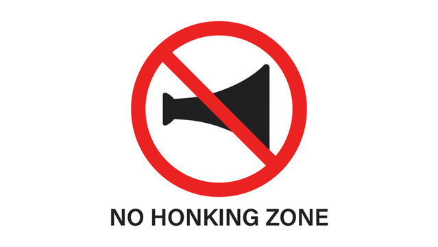 No honking zone traffic sign with prohibition symbol and black horn icon on white background