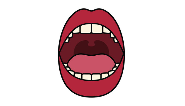 Anatomical illustration of open human mouth showing white teeth pink tongue and dark throat interior.