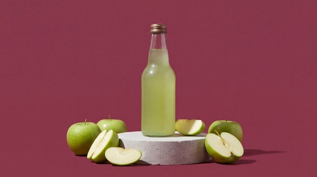 Refreshing green apple cider in a clear glass bottle displayed elegantly on a white stone pedestal surrounded by fresh sliced apples against a deep background.