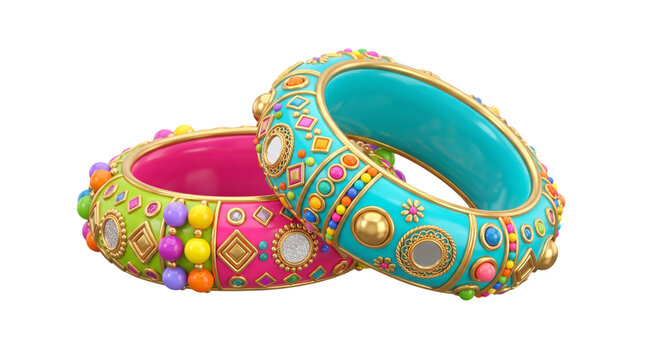 Colorful traditional indian bangles with decorative beads and mirror work isolated on transparent background