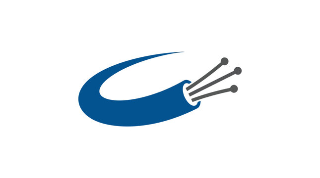 Stylized fiber optic cable icon with blue swoosh and grey strands on a white background