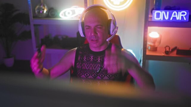 Man wearing headset presses hands to forehead in studio seated in gaming chair with neon on air sign and visible computer monitor and shelf; frustration.