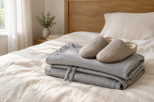 Stack of grey cotton loungewear with knit slippers on cream bed, comfort and home relaxation concept