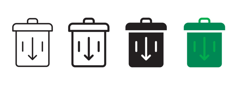 Waste minimization icon with trash can bin and downward arrow symbol representing smart factory scrap reduction, digital manufacturing eco trash management, sustainable production practice, and tech.