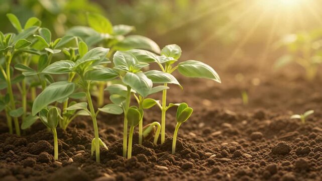 Close-up of young green seedlings sprouting from dark fertile soil in a garden field at sunrise, cinematic video footage.