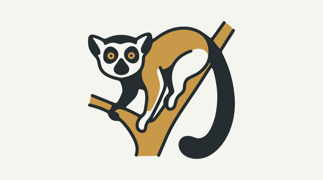 Stylized lemur climbing a tree branch minimalist animal vector logo icon