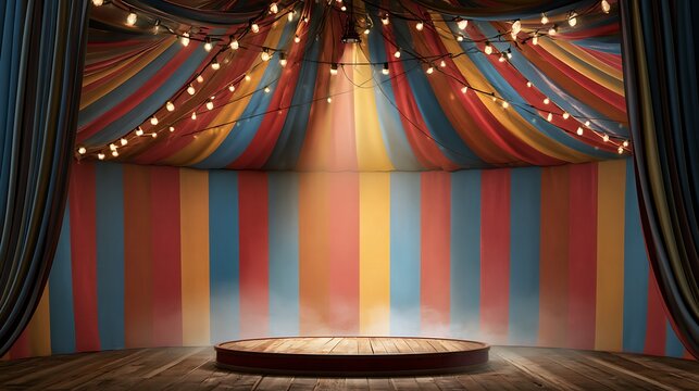 Colorful multi colored circus tent background and twinkling lights with space for copy.