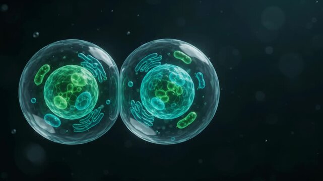 3D animation of two biological cells undergoing mitosis and division on a dark background.