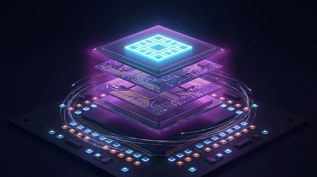 Futuristic high performance computer processor chip with glowing neon purple and blue circuit paths on a dark background representing advanced digital technology and computing power