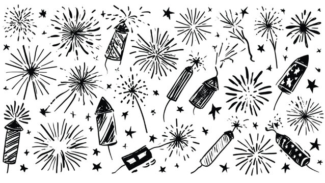 Fireworks doodles featuring rockets, bursts, sparklers, and stars are drawn in black ink on a plain white background.