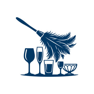 Feather duster cleaning next to wine glass cup and trophy in monochrome illustration