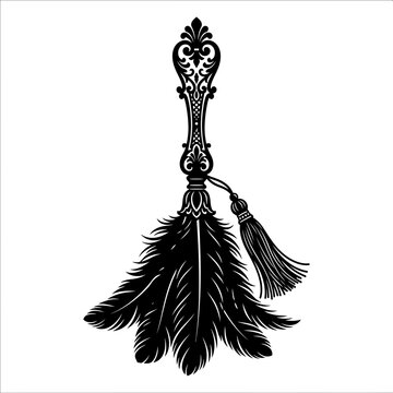 Black feather duster with ornate decorative handle with duster intricate carved
