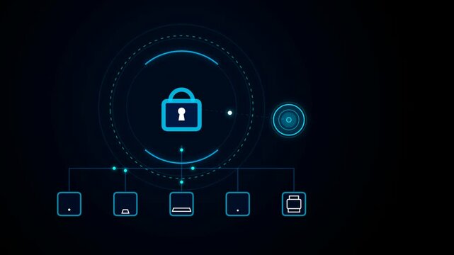 Digital security concept with connected devices and glowing lock icon representing network protection