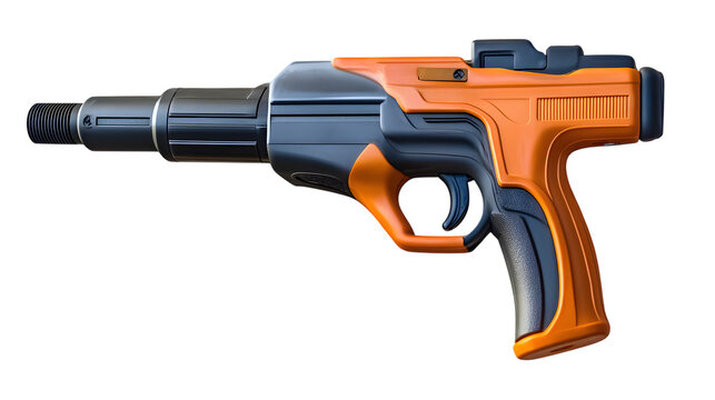 Orange and black caulking gun isolated on a white background with handle with textured grip nozzle compact orange construction maintenance with mechanical