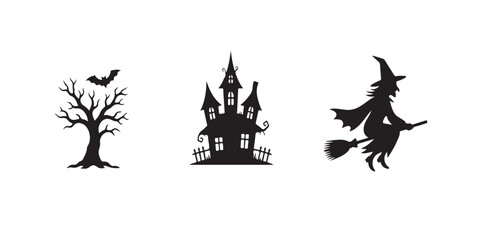 Fototapeta premium Halloween Silhouette Vector Set with Haunted Tree, Haunted House and Flying Witch