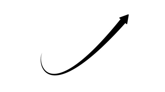 Black curved upward arrow icon, growth direction pointer, swoosh arc arrow, dynamic progress movement vector symbol isolated on white background.