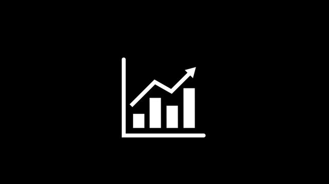 White business growth bar chart icon with upward arrow, financial success, sales increase graph, economic progress vector symbol isolated on black background.