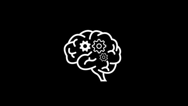 White brain with gears icon, artificial intelligence, creative thinking process, logic mechanics, mind power concept vector symbol isolated on black background.