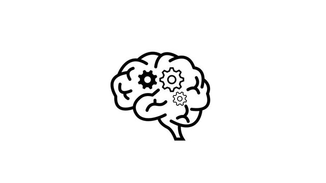 Black brain with gears icon, artificial intelligence, creative thinking process, logic mechanics, mind power concept vector symbol isolated on white background.