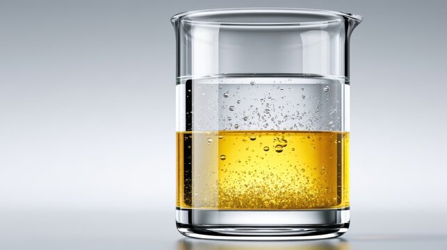 A clear glass beaker filled with two immiscible liquids, one yellow and one clear, separated by a distinct line and showing small bubbles. The liquids appear to be oil and water.