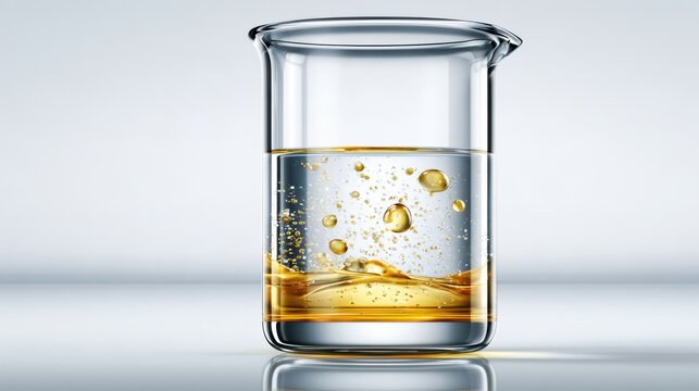 A clear glass beaker containing two immiscible liquids, one clear and the other amber-colored with small bubbles, against a light gradient background