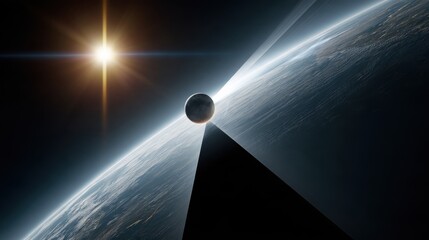 Fototapeta premium A stunning visual of a celestial body partially eclipsing a larger planet, with a bright star illuminating the scene in a cosmic spectacle.