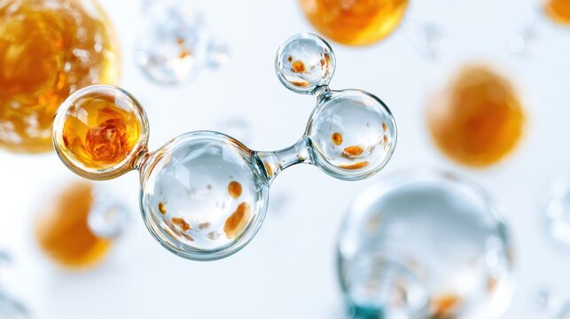 Abstract molecular structure with glowing spheres representing atoms or molecules, set against a soft, bright background