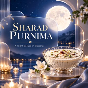 Sharad purnima night festival with kheer bowl and floating floral lights