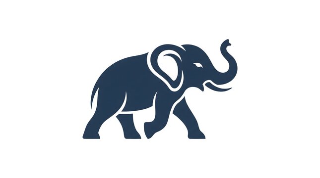 A minimalist dark blue silhouette of a walking elephant with its trunk raised up, isolated on a clean white background