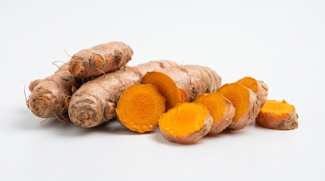 Fresh turmeric roots and orange slices on white background
