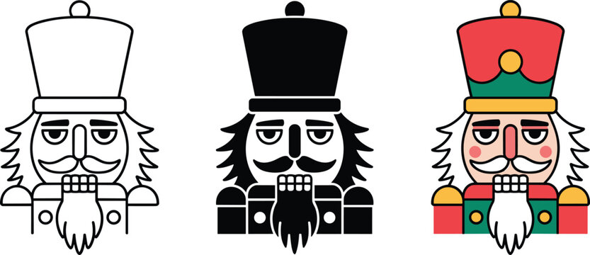 Nutcracker soldier cartoon character in outline silhouette and color set for holidays