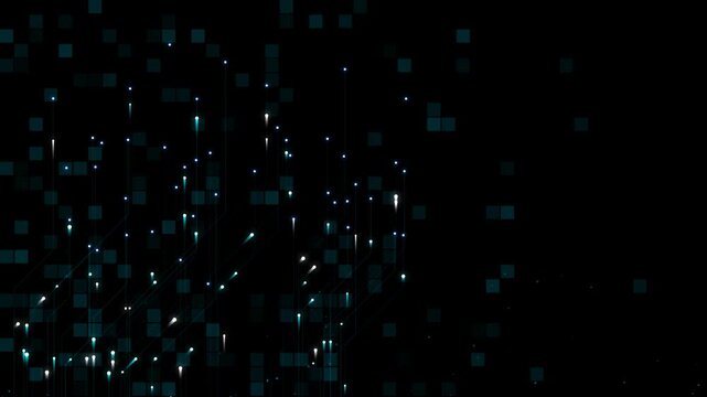 Abstract digital background with glowing blue light particles and pixel squares moving in dark space representing modern technology data network and futuristic computing concept 4k Motion Video