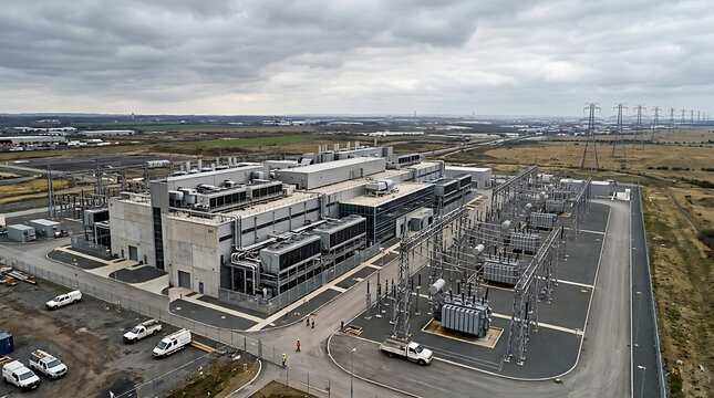 Aerial view of a modern electrical substation and power converter facility under a cloudy sky
